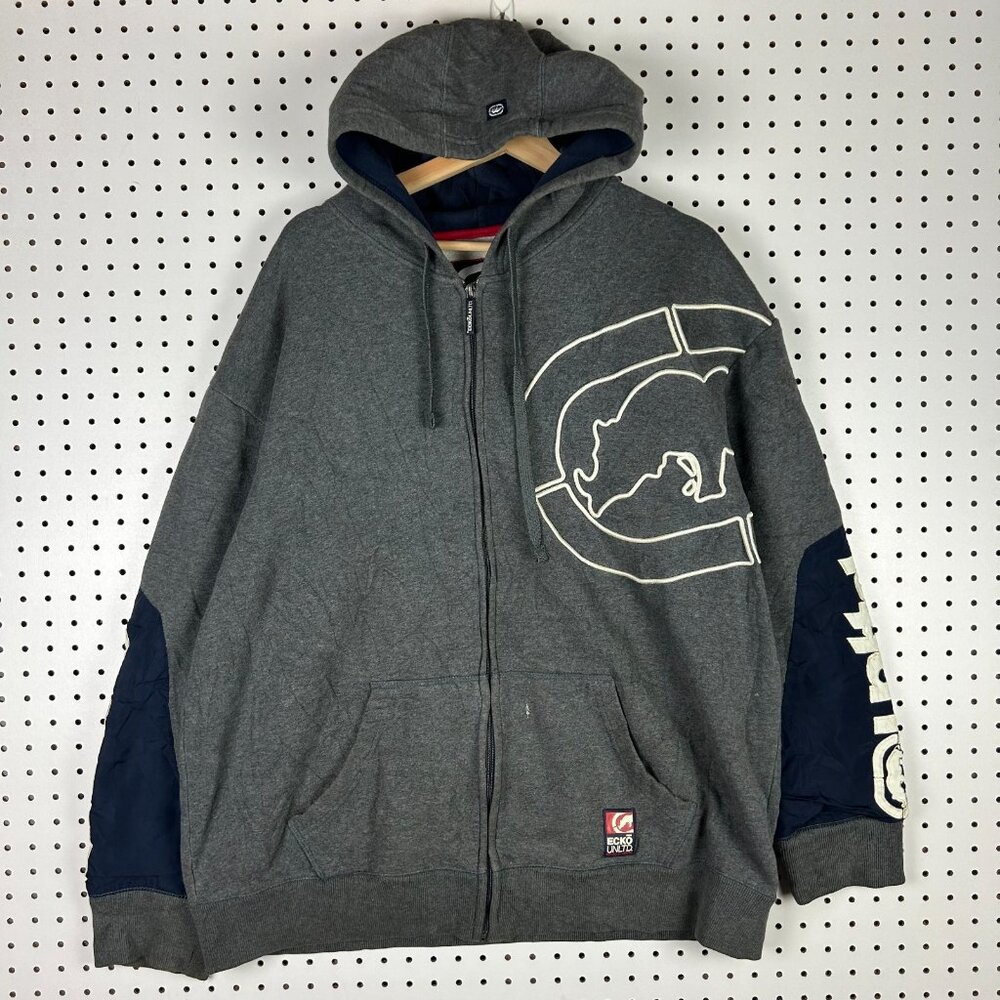 Ecko Unltd Y2K Full Zip Hoodie XXL‎ Gray Streetwear Skater READ Heavyweight Blue